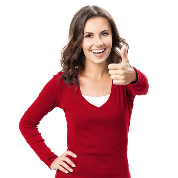 Woman showing thumbs up gesture, on white — Stock Photo, Image