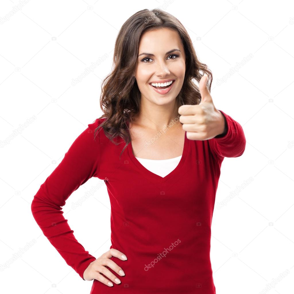 Woman showing thumbs up gesture, on white
