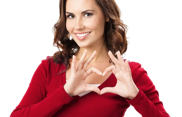 Mujer mostrando gesto símbolo del corazón, sobre blanco — Foto de Stock