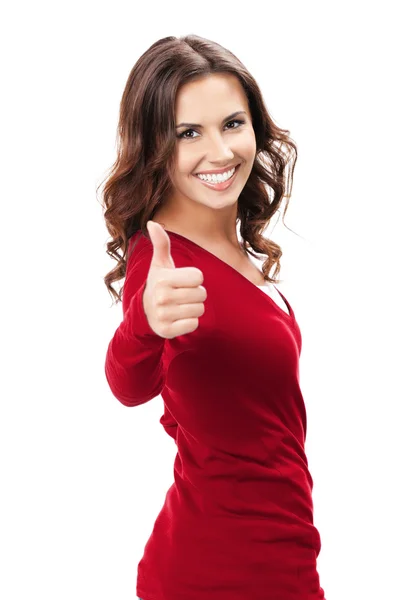 Woman showing thumbs up gesture, on white — Stock Photo, Image