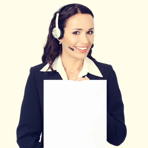 Young smiling support phone operator with signboard — ストック写真