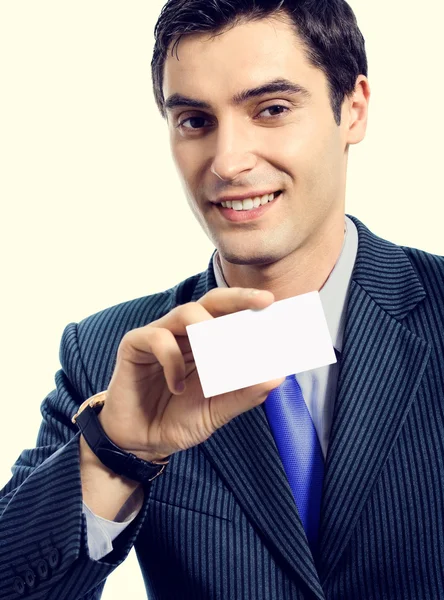 Üzletember, amely névjegykártya vagy bankkártyával — Stock Fotó
