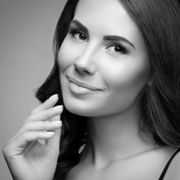 Closeup portrait of beautiful brunette woman, monochrome — Stock Photo, Image