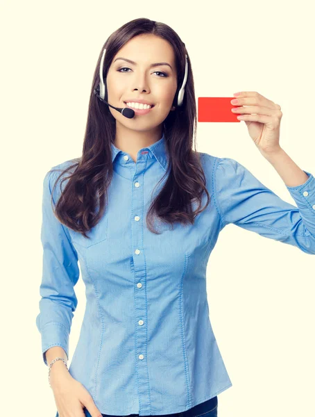 Soporte operador de teléfono mostrando tarjeta roja —  Fotos de Stock