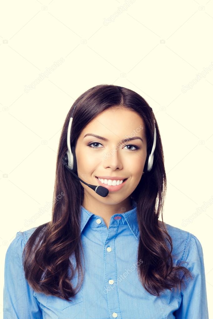 Cheerful customer support phone operator, with copyspace