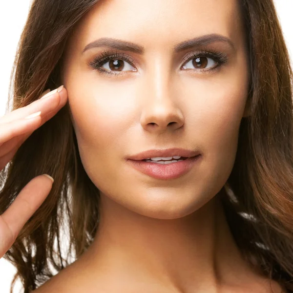 Closeup portrait young brunette woman, looking at camera, isolat — Stock fotografie