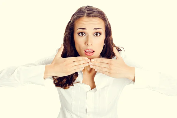 Business woman covering mouth — Stock Photo, Image