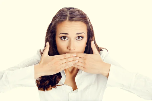 Business woman covering mouth — Stock Photo, Image