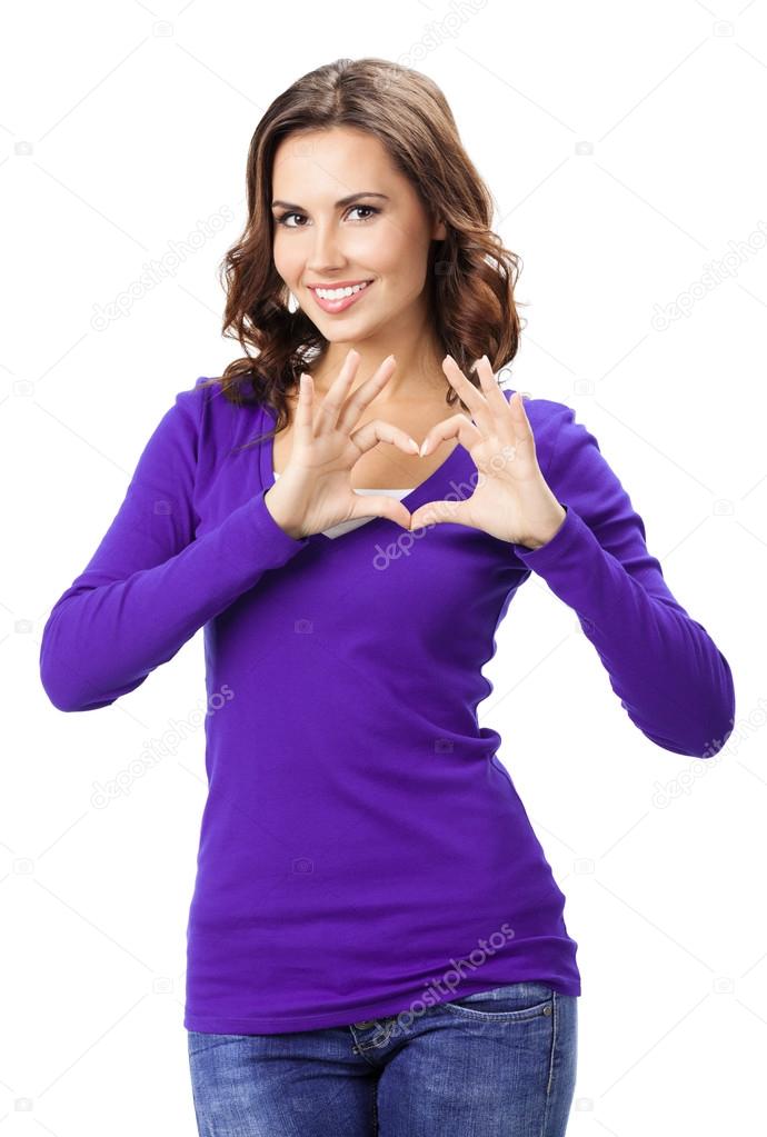 Woman showing heart symbol gesture, isolated