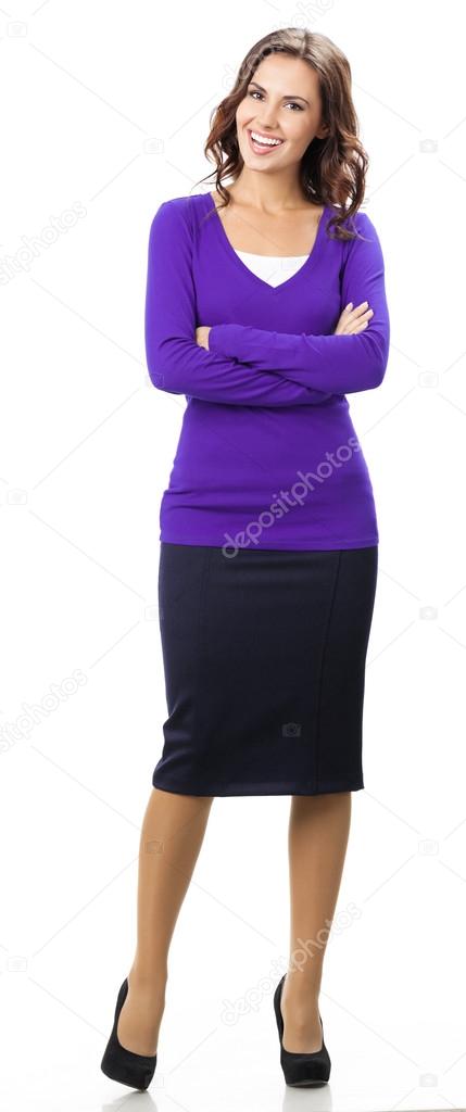 full body portrait of smiling woman, in violet casual clothing