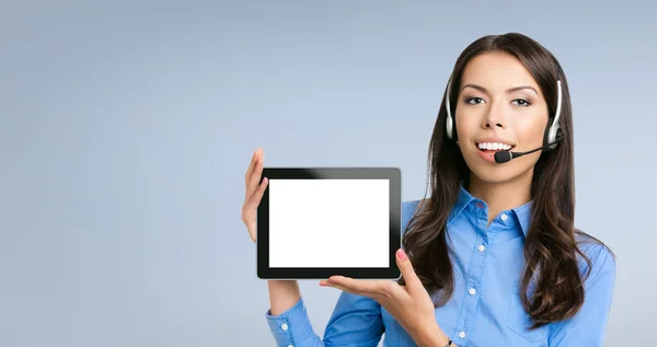 Support phone operator showing tablet pc — Stock Photo, Image