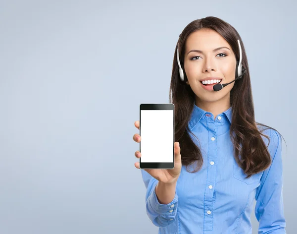 Support phone operator showing blank cellphone — Stock Photo, Image