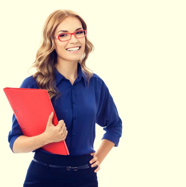Young cheerful businesswoman with red folder — Stock Photo, Image