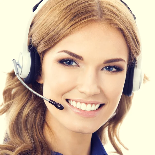 Retrato de operador telefónico de soporte femenino o trabajador telefónico en hea —  Fotos de Stock