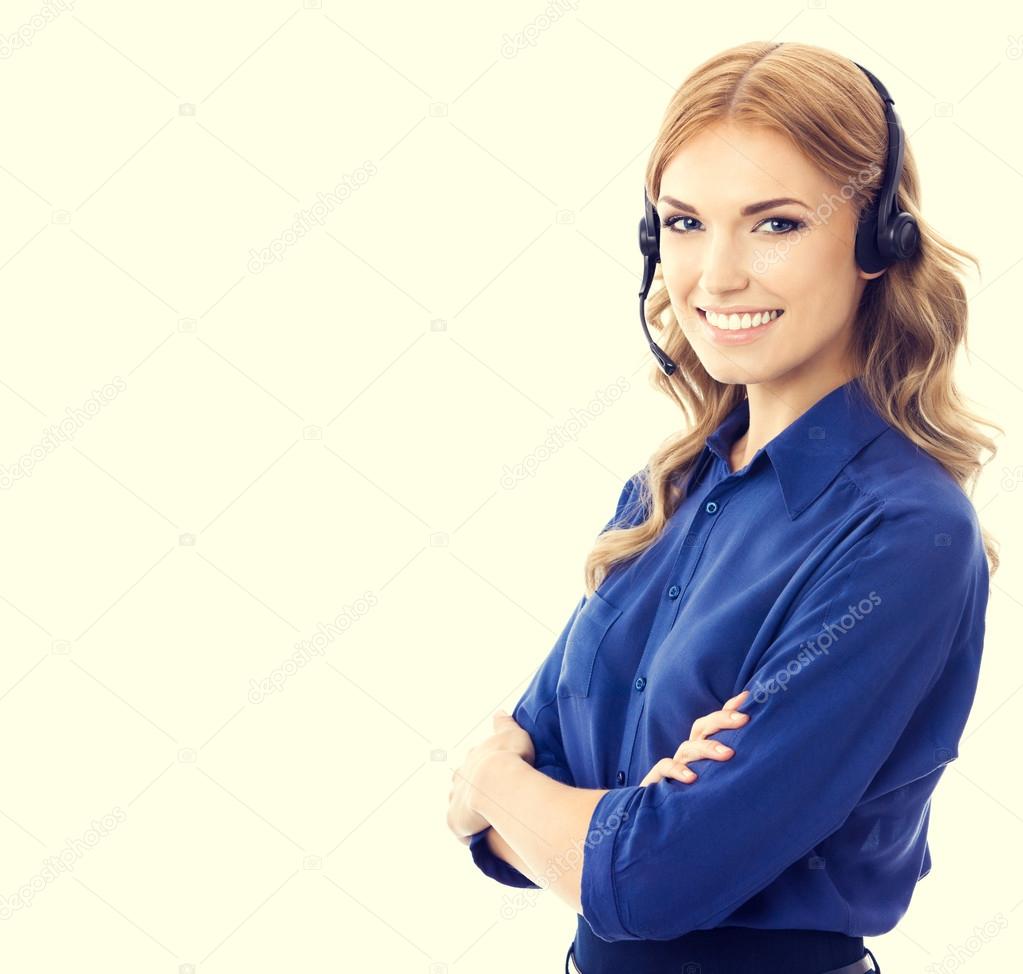 portrait of support phone operator or phone worker in headset