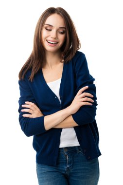 gülümseyen çapraz kolları olan genç kadın, izole