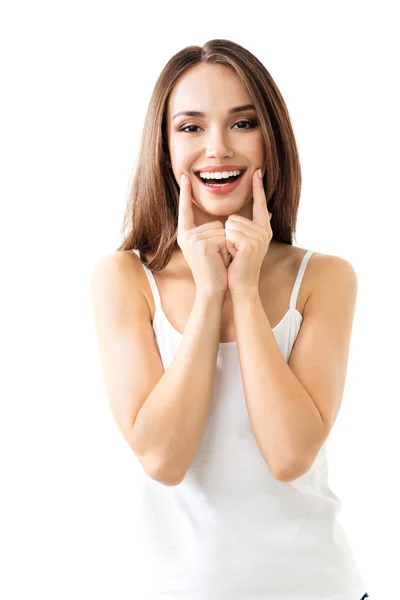 Jovem mulher mostrando sorriso — Fotografia de Stock