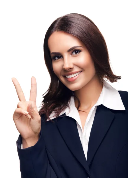 Geschäftsfrau zeigt zwei Finger oder Siegesgeste — Stockfoto