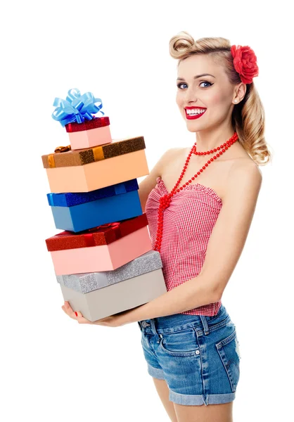 Woman in pin-up style with gifts, isolated — Stock Photo, Image