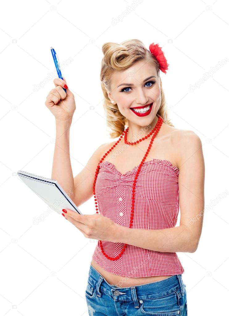 smiling woman with notepad, in pin-up style clothing