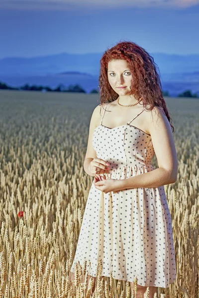 Jeune fille debout dans un champ de maïs — Photo