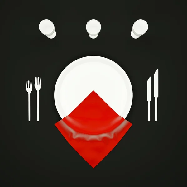 Біла тарілка чорно-червоної серветки, 3d рендеринг — стокове фото