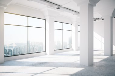 Boş beyaz çatı iç büyük pencereler, 3d render ile
