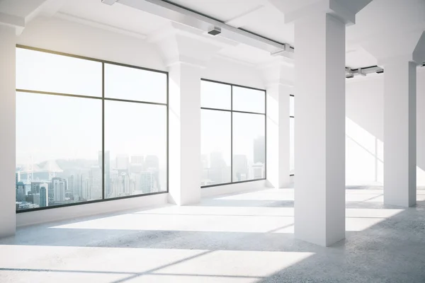 Interior vazio loft branco com grandes janelas, renderização 3d — Fotografia de Stock