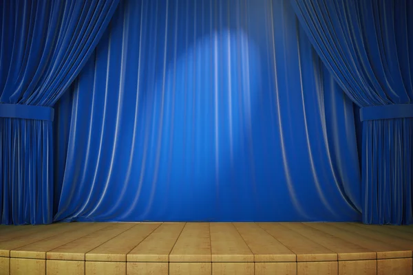 Wooden stage with blue curtains and spotlight, 3d render — Stock Photo, Image