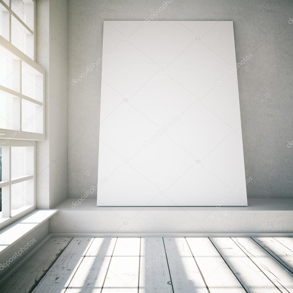 Blank poster in a white loft interior with sunlight, mock up, 3d