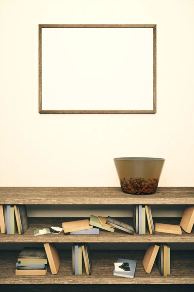 Leeg frame en houten boekenkast — Stockfoto