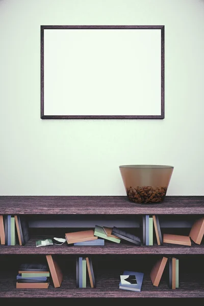 Leeg frame en donker houten boekenkast — Stockfoto