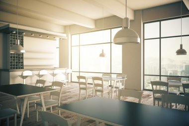İki panoramik pencerelere sahip bir şekilde döşenmiş Cafe iç. 3D render