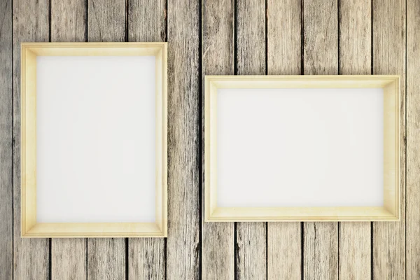 Two blank picture frames hanging on a wooden wall. Mock up, 3D Render — Stock Photo, Image