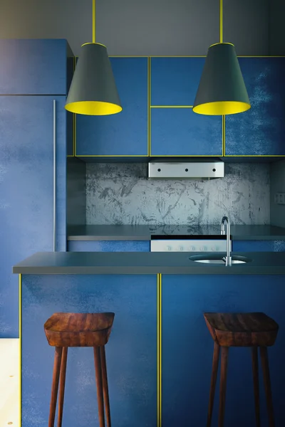 Sarı kenar ile mavi mutfak — Stok fotoğraf