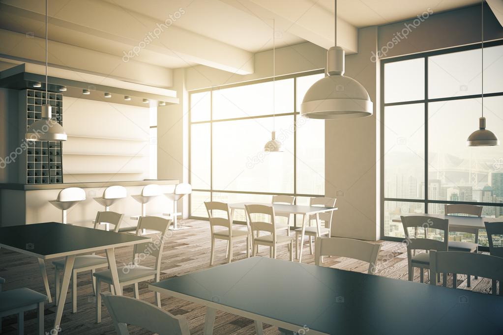 Furnished cafe interior with two panoramic windows. 3D Render