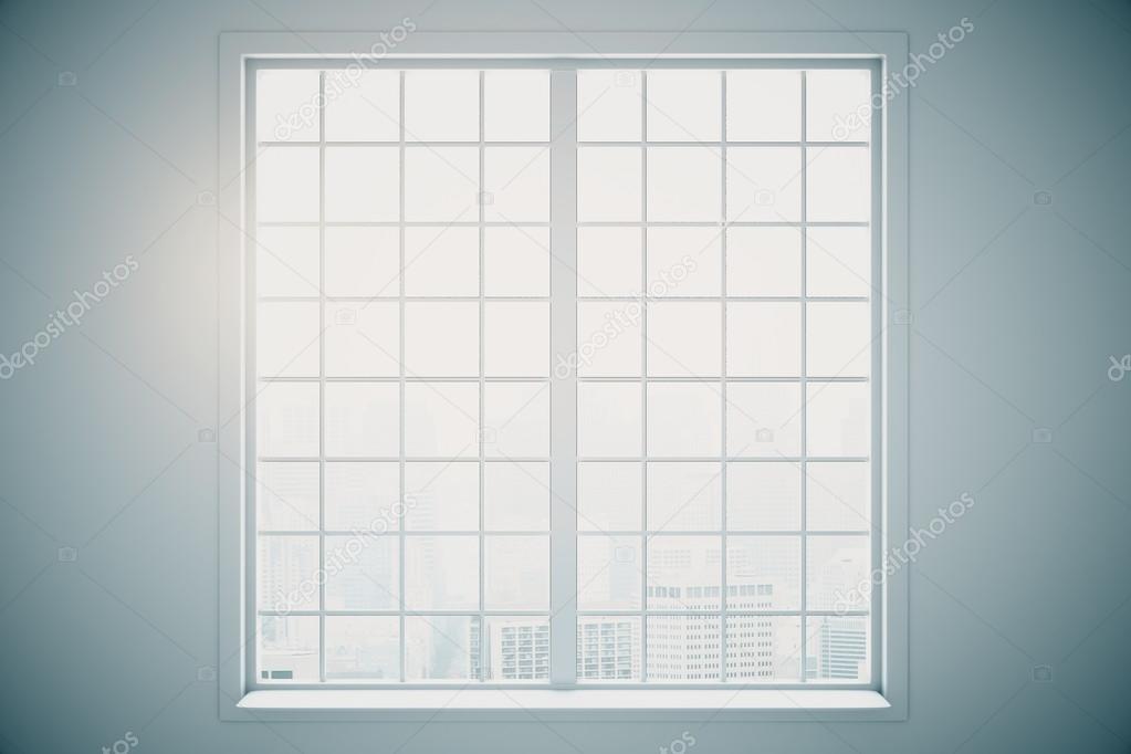 Close up of white-framed window with city view in white room. 3D Render