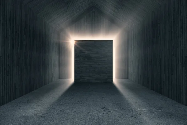 Interior de madeira escura com placa em branco iluminado. Preparem-se, 3D Render — Fotografia de Stock