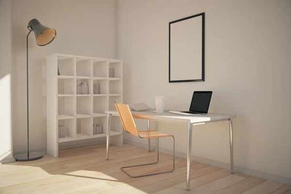 Interior de escritório com estantes, local de trabalho com moldura em branco acima e lâmpada. Renderização 3D — Fotografia de Stock