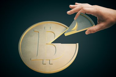 Hissedar kavramı koyu arka plan üzerinde bitcoin parça alarak el ile. 3D render