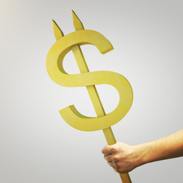 Рука держит золотой знак доллара дьявола на светлом фоне. 3D рендеринг

