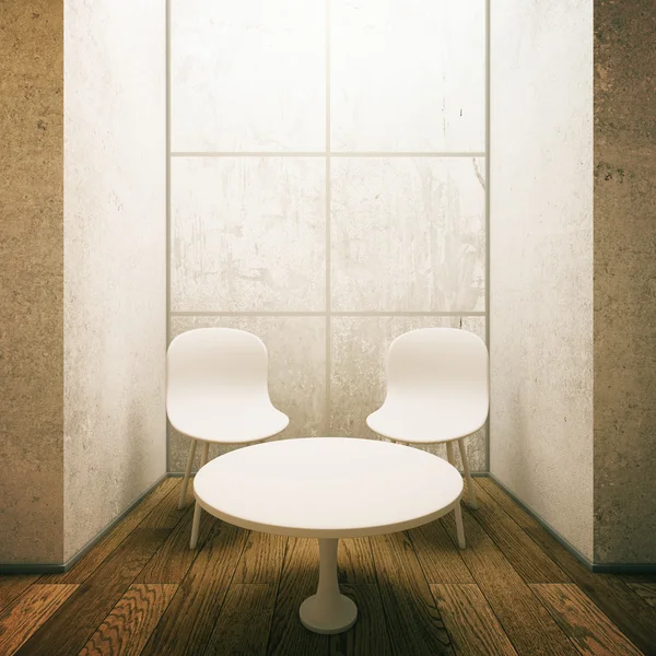 Interior de baldosas de hormigón con mesa, sillas y suelo de madera. Renderizado 3D —  Fotos de Stock