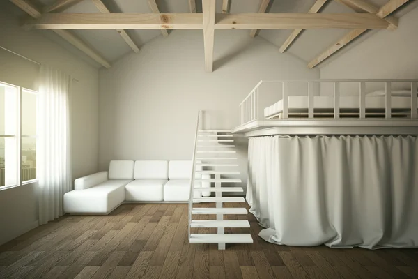 Pokój dzienny z sofą oraz sypialni podwyższone sekcji. 3D render — Zdjęcie stockowe