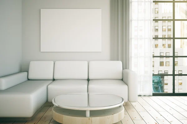 Diseño interior blanco con sofá, mesa, póster en blanco en la pared y suelo de madera. Maquillaje, renderizado 3D —  Fotos de Stock
