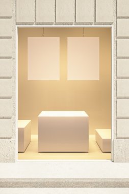Dikdörtgen vitrin dış iki boş poster ve stand ile. Alay etmek yukarıya, 3d render