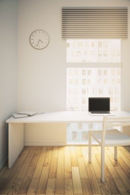 Çalışma alanı ve ahşap zemin ile iç tasarım. 3D render