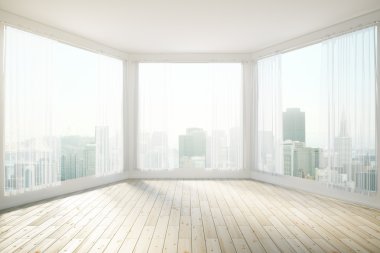 Şehir Manzaralı açığa panoramik pencerelere güneşli iç tasarımı. 3D render
