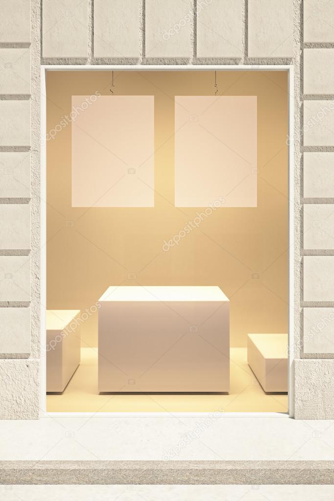 Rectangular showcase exterior with two blank posters and stand. Mock up, 3D Rendering
