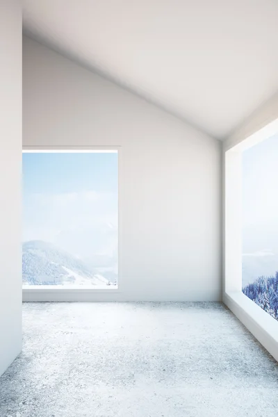 Design de interiores vazio com piso de concreto e vista paisagem. Renderização 3D — Fotografia de Stock