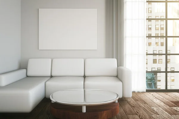 Diseño interior ligero con sofá, mesa, póster en blanco en la pared y suelo de madera oscura. Maquillaje, renderizado 3D — Foto de Stock